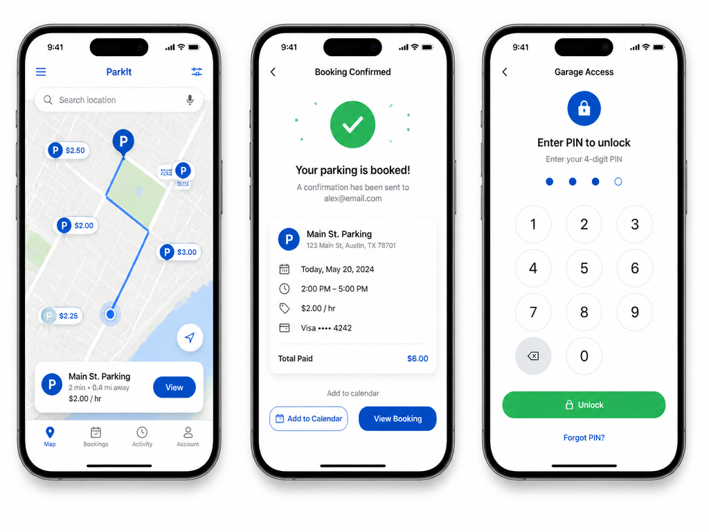 Three phone screens showing the driver flow on ParkAhead